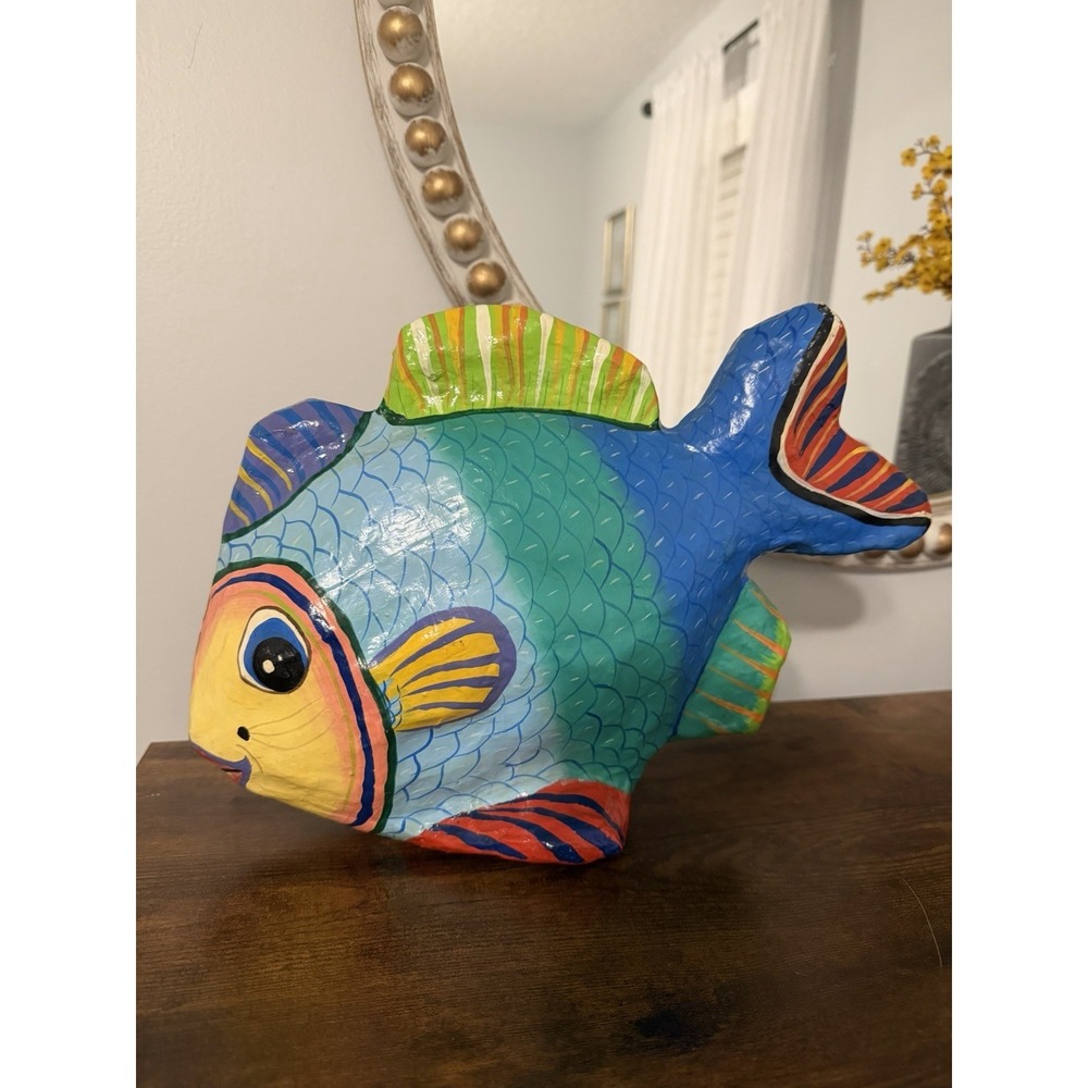 Vintage Style Hand Painted Paper Mache‎ Tropical Fish Sculpture Coastal Decor